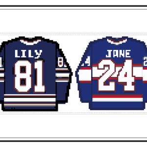 May include: Two pixelated hockey jerseys. One is navy blue with the name "LILY" and the number "81" in white. The other is navy blue with the name "JANE" and the number "24" in white. Both jerseys have white and red stripes.