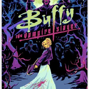 May include: Buffy the Vampire Slayer poster featuring a blonde woman in a long skirt, holding a weapon, with a vampire in the background. The poster has a dark color scheme with the title "Buffy the Vampire Slayer".