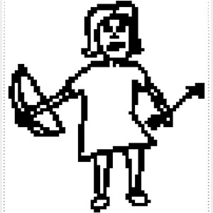 May include: A black and white pixelated illustration of a person with short hair, wearing a simple dress. The figure is holding objects in each hand, with arms outstretched. The image has a minimalist, digital art style.