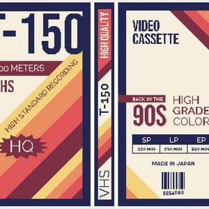 Puede incluir: Una cinta de videocasete VHS de estilo retro con un fondo color crema y un diseño de rayas diagonales coloridas. La cinta está etiquetada como "T-150" y "VHS", con texto que indica "High Standard Recording" y "Back in the 90s".