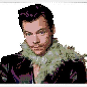Könnte beinhalten: Pixelporträt einer Person mit dunklem Haar und hellem Teint. Die Person trägt eine schwarze Jacke mit einem fellartigen Kragen. Das Bild ist ein digitales Kunstwerk mit einem pixeligen Effekt.