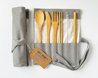 Reusable Bamboo Cutlery Set | Gray | Eco Friendly Travel Utensils | Camping Utensils | Bamboo | Zero Waste Cutlery | Zero Waste Gift