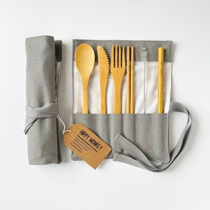 Reusable Bamboo Cutlery Set | Gray | Eco Friendly Travel Utensils | Camping Utensils | Bamboo | Zero Waste Cutlery | Zero Waste Gift