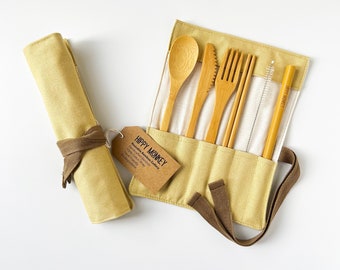 Reusable Bamboo Cutlery Set | Beige | Eco Friendly Travel Utensils | Camping Utensils | Bamboo | Zero Waste Cutlery | Zero Waste Gift