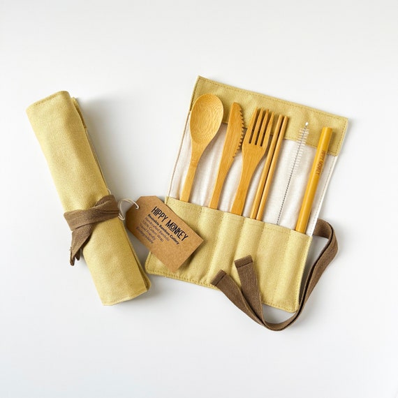 Bamboo Travel Cutlery/Utensil Set with Beige Organic Cotton Pouch