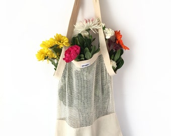 Organic Cotton Produce Bag | String Canvas Cotton Bag | GOTS Certified | Organic Canvas Bag | Half Canvas Produce Bag | Mesh Market Bag