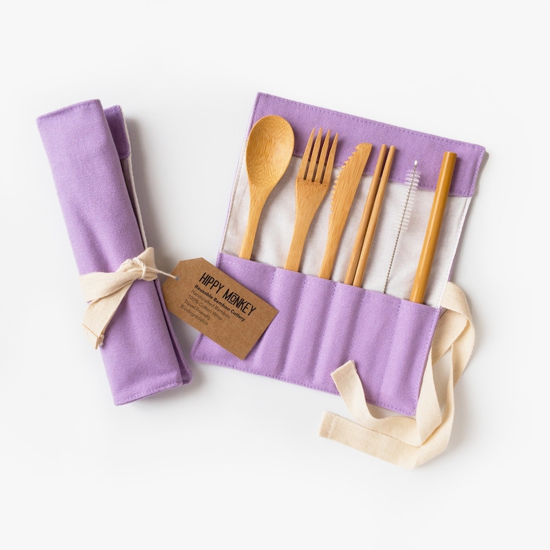 Reusable Bamboo Cutlery Set Lavender Eco Friendly Travel Utensils Camping Utensils Bamboo Zero Waste Cutlery Zero Waste Gift image 1