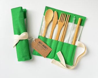 Reusable Bamboo Cutlery Set | Green | Eco Friendly Travel Utensils | Camping Utensils | Bamboo | Zero Waste Cutlery | Zero Waste Gift