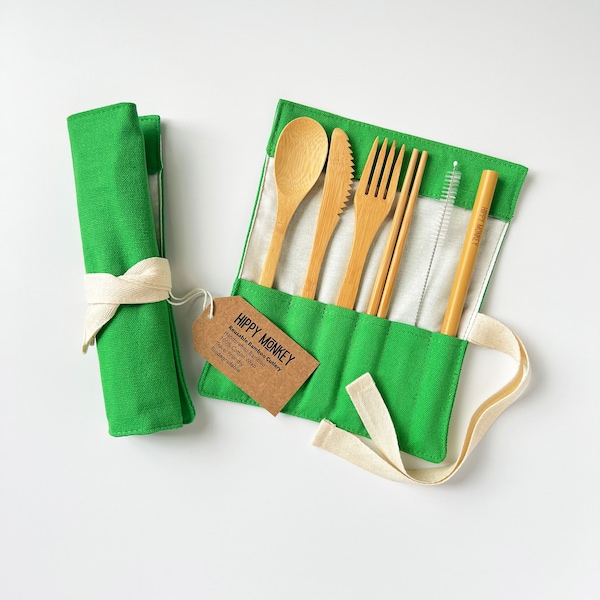 Reusable Bamboo Cutlery Set | Green | Eco Friendly Travel Utensils | Camping Utensils | Bamboo | Zero Waste Cutlery | Zero Waste Gift