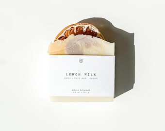 Lemon Milk Soap Bar | Natural Citrus Face + Body Soap, Handmade Vegan Artisan Soap with Lavender & Clays, Brightening Skincare Cleanser