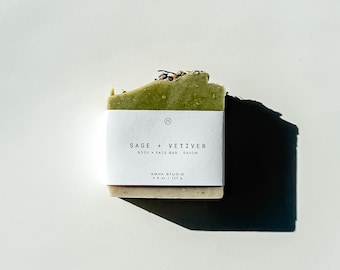 Sage Vetiver Soap Bar | Natural Face + Body Soap, Herbal Artisan Soap with Spirulina & Chamomile, Vegan Handmade Skincare Cleanser
