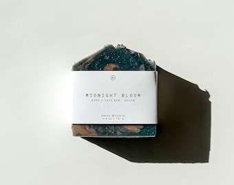 Midnight Bloom Soap Bar | Natural Floral Green Soap with Clays & Charcoal, Vegan Artisan Face + Body Soap, Handmade Botanical Skincare