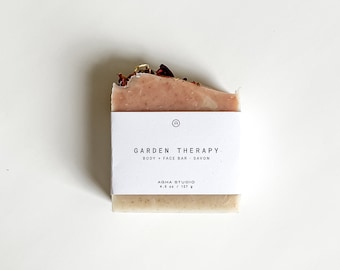 Garden Therapy Soap Bar | Natural Face + Body Soap with Hibiscus & Chamomile, Vegan Artisan Soap, Floral Herbal Soap with Essential Oils