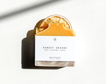Sunset Orange Soap Bar | Natural Citrus Soap, Handmade Body + Face Bar, Vegan Skincare, Kaolin Clay Soap, Lavender Geranium Cedarwood