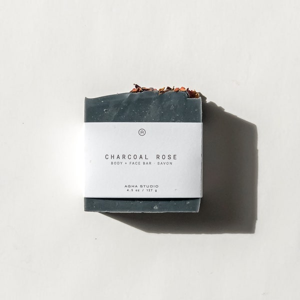 Charcoal Rose Body + Face Bar | detoxifying charcoal soap, handmade soap for acne-prone, oily skin, vegan, zero waste soap | 4.5 oz | 127 g