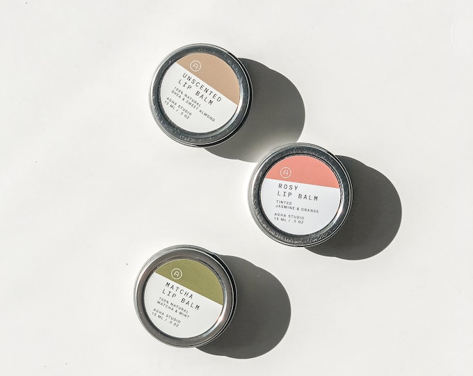 Hydrating Lip Balm | Natural Lip Care, Shea & Cocoa Butter Balm, Matcha Mint, Rosy Tint, Unscented, Handmade Gift