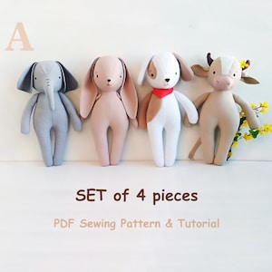 SET - 4 stuffed animal doll sewing pattern tutorial set of four - Elephant, Bunny, Dog, Cow / digital PDF downloads / Soft Toy