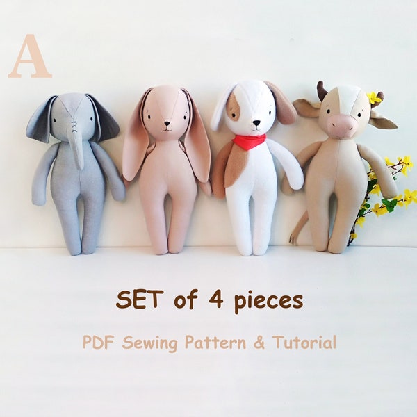 SET - 4 Stofftier Puppen Schnittmuster Anleitung Set von vier - Elefant, Hase, Hund, Kuh / digitale PDF Downloads / Stofftier