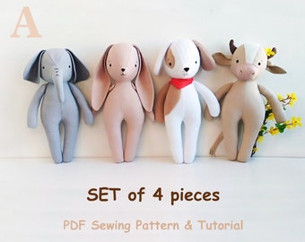 May include: A set of four plush animal sewing patterns, including an elephant, bunny, dog, and cow. The patterns are in PDF format and include a sewing tutorial.  SET of 4 pieces PDF Sewing Pattern & Tutorial