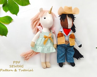 Patrón de costura para muñeco de unicornio y caballo con ropa (Tutorial en PDF)
