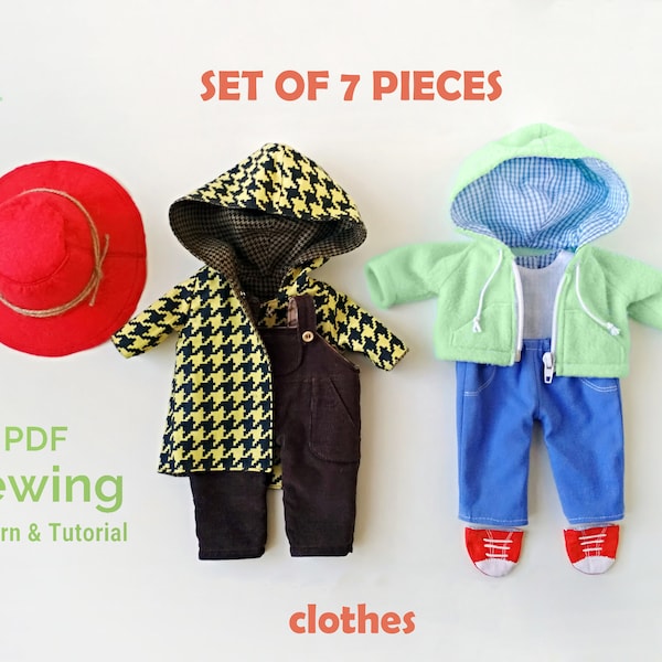 PDF Dolls Clothes Sewing Pattern & Tutorial —  Blouse, Pants, Coat, Hat, Hoody, Overalls, Shoes, DIY Toy Clothing for Stuffed Animals