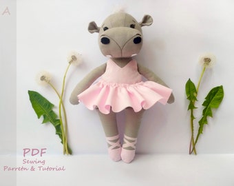 PDF Hippopotame avec vêtements Patron de couture et tutoriel, peluche hippopotame, peluche, poupée, tutoriel jouet