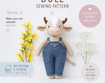 Bull Plush Sewing Pattern: Stuffed Toy Doll with Clothes (PDF Tutorial)