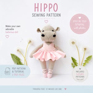 Patrón de costura de peluche de hipopótamo: Muñeca bailarina con ropa (patrón en PDF)