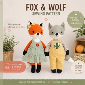 Vos en wolf pluche naaipatroon met kleding (pdf-tutorial)