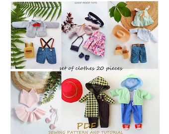 PDF Dolls Clothes Sewing Pattern & Tutorial —  Dress, Blouse, Pants, Coat, Hat, Hoody, Overalls, Shoes, DIY Toy Clothing for Stuffed Animals