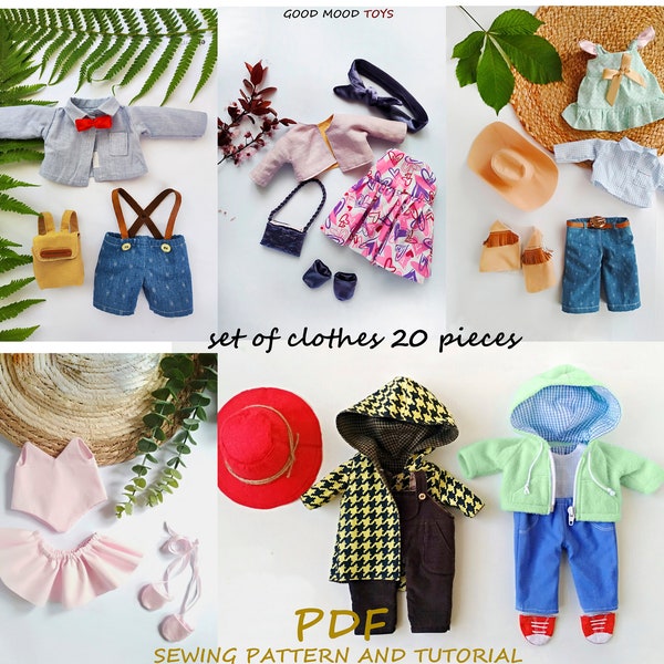 PDF Dolls Clothes Sewing Pattern & Tutorial —  Dress, Blouse, Pants, Coat, Hat, Hoody, Overalls, Shoes, DIY Toy Clothing for Stuffed Animals