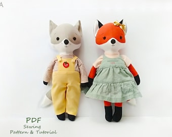 PDF Fox and Wolf with clothes, Sewing Pattern & Tutorial, Fox sewing pattern, Wolf plush,  Doll Stuffed Toys