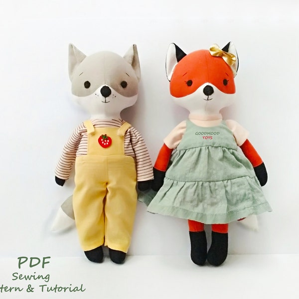 PDF Renard et loup avec des vêtements, Patron de couture et tutoriel, Patron de couture renard, Peluche loup, Jouets pour poupée