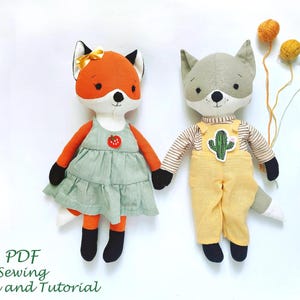 PDF Volpe e Lupo con vestiti, Modello e Tutorial di Cucito, Modello di Cucito Volpe, Peluche Lupo, Bambole di Peluche