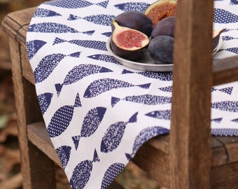 Organic Linen Kitchen Towel: Fish Print, Farmhouse Decor