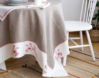 Grey Linen Tablecloth: Red Floral Embroidery, Rustic Farmhouse Decor