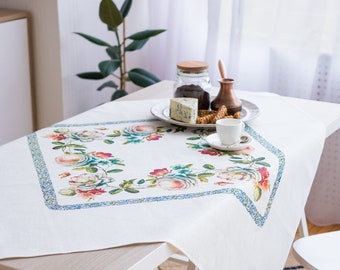 Tovaglia in lino con stampa floreale, bianca, stile shabby chic, quadrata, 35x35 cm, ideale per arredare la cucina in stile rustico, tovaglia in lino naturale, regalo perfetto per chi ospita.
