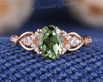 Vintage Oval Cut Green Sapphire Engagement Ring Vine Rose Gold Diamond Cluster Wedding Rings For Women Promise Anniversary Mothers Day Gift