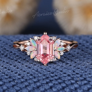 Unique Long Hexagon Cut Papalacha Engagement Ring Rose Gold Natural Opal Cluster Pink Sapphire Wedding Ring Anniversary Gift For Women