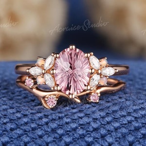 Conjunto de anéis de noivado de safira rosa com corte de fogos de artifício, anéis de opala de ouro rosa para mulheres, conjunto de anéis de casamento de diamante, presente de dia dos namorados para ela