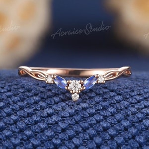 Unique Sapphire Wedding Band Curved Diamond Wedding Band Rose Gold Pear Sapphire Stacking Rings CUSTOM Wedding Band for Women Handmade Gift