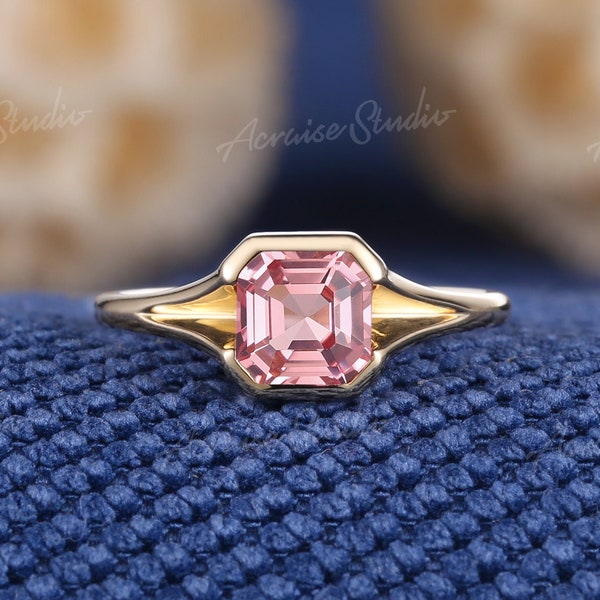 Unique Bezel Setting Asscher Cut Pink Peach Sapphire Engagement Ring Yellow Gold Papalacha Solitaire Wedding Ring Promise Rings For Women