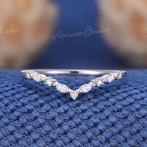Round and Marquise Diamond Wedding Band 14K White Gold Lab Grown Diamond Ring Curved Stackable Matching Rings Personalized Jewelry