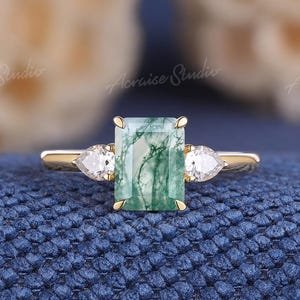 Emerald Cut Moss Agate Engagement Ring Pear Moissanite Wedding Ring Yellow Gold Rings For Women Moss Agate Jewelry Anniversary Gift For Her