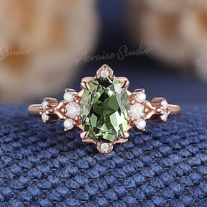 Vintage Green Sapphire Engagement Ring Rose Gold Diamond Cluster Wedding Rings For Women September Birthstone Ring Personalized Jewelry