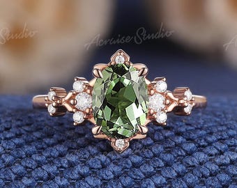 Vintage Green Sapphire Engagement Ring Rose Gold Diamond Cluster Wedding Rings For Women September Birthstone Ring Personalized Jewelry