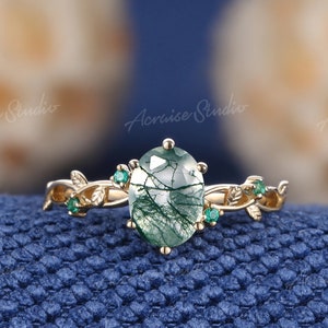 Unique Natural Moss Agate Engagement Ring Yellow Gold Vintage Emerald Natural Inspired Leaf Design Wedding Ring Anniversary Rings For Women