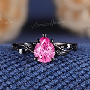 Fireworks Cut Hot Pink Sapphire Engagement Ring Leaf Vine Design Ring Black Gold Diamond Rings For Women Anniversary Best Gifts For Her