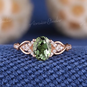 Vintage Oval Cut Green Sapphire Engagement Ring Diamond Cluster Wedding Ring Vine Design Rose Gold Anniversary Ring Promise Ring For Women