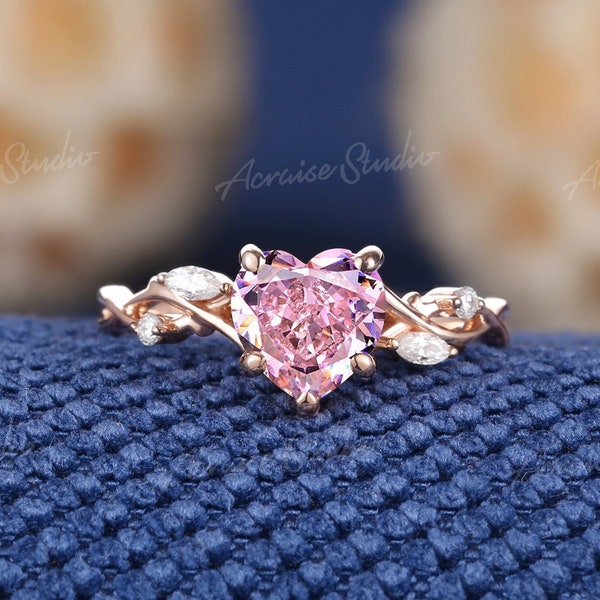 Unique Pink Sapphire Leaf Floral Engagement Ring Rose Gold Sailor Moon Pink Heart Sapphire Wedding Ring Anniversary Promise Rings For Women